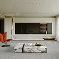 Modern Open Living Dining Area White Interior With Orange Chair Sofa Coffee Table TV Blinds