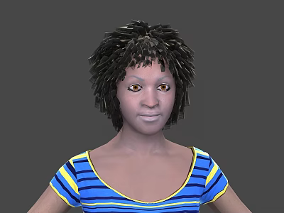 Woman With Short Curly Black Hair Wearing Blue And Yellow Striped Top Against Gray Background 3d model