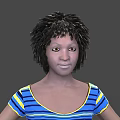 Woman With Short Curly Black Hair Wearing Blue And Yellow Striped Top Against Gray Background