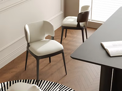 Modern Dining Chairs With White Curved Seats And Black Legs By Dark Dining Table 3d model