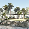 Elegant Water Fountain With Stepped Design Palm Trees And Reflective Water In Garden
