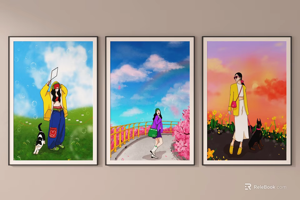 Colorful Framed Wall Art Paintings With People Cats Dogs And Nature Scenes 3d model 