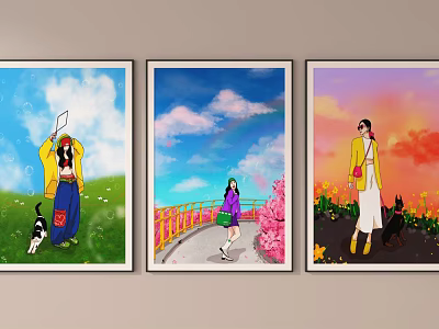 Colorful Framed Wall Art Paintings With People Cats Dogs And Nature Scenes 3d model