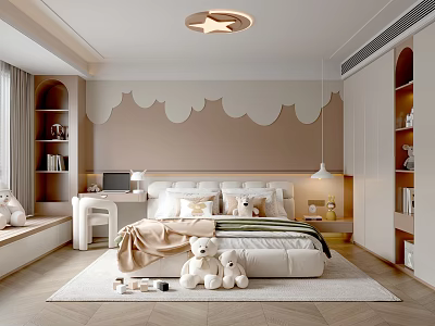 Cozy Kids Bedroom With Cloud Pattern Wall Star Ceiling Light And Stuffed Toys 3d model