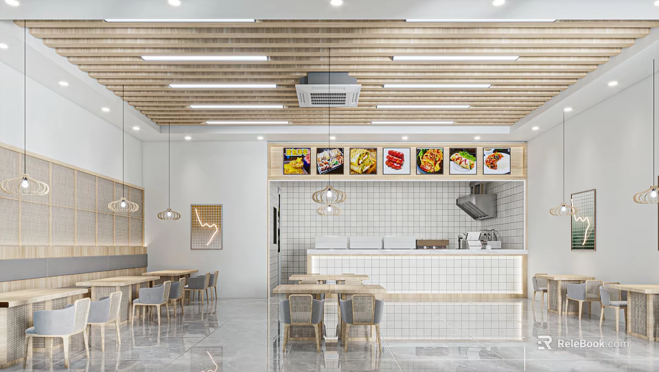 Restaurant Interior With Wooden Ceiling Pendant Lights Menu Boards And Dining Tables 3d model 