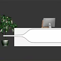Modern White Reception Desk Furniture With Green Plant Computer Monitor And Brown Chair