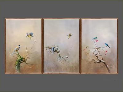 Three Panel Animal Paintings With Birds On Branches Natural Theme Art 3d model