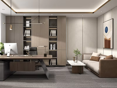 Modern Study Room Interior Design With Wooden Desk Computer Bookshelves And Sofa 3d model