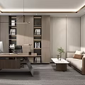 Modern Study Room Interior Design With Wooden Desk Computer Bookshelves And Sofa