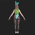 Woman with green hair bunny ears blue bodysuit black stockings and white high heels