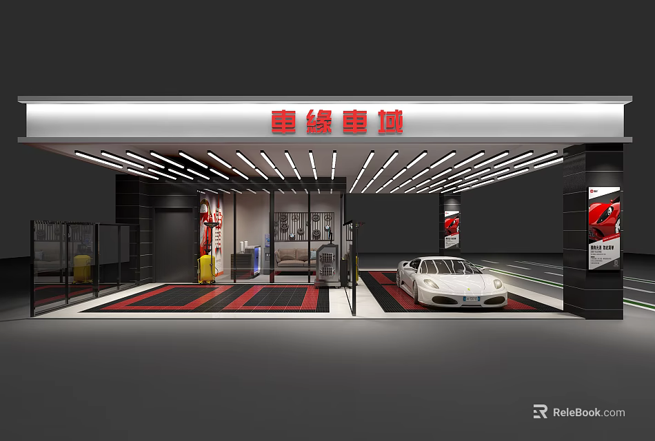 Luxury Car Dealership Showroom With White Sports Car Display And Modern Interior Lighting Design 3d model 