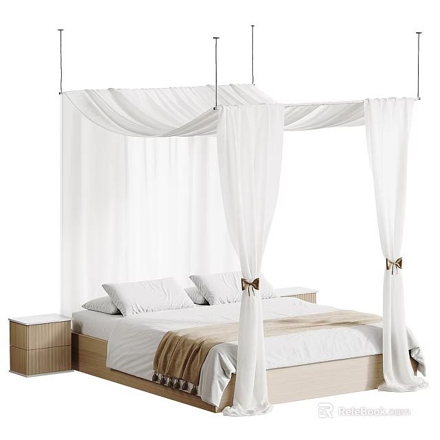 Double Bed with White Canopy Wooden Frame Two Nightstands White Pillows Beige Blanket Bow Decorations 3d model 
