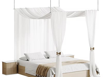 Double Bed with White Canopy Wooden Frame Two Nightstands White Pillows Beige Blanket Bow Decorations 3d model