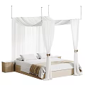 Double Bed with White Canopy Wooden Frame Two Nightstands White Pillows Beige Blanket Bow Decorations