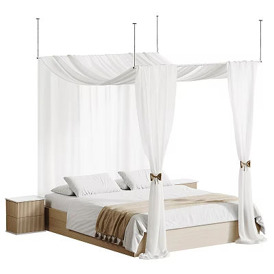 Double Bed with White Canopy Wooden Frame Two Nightstands White Pillows Beige Blanket Bow Decorations 3d model