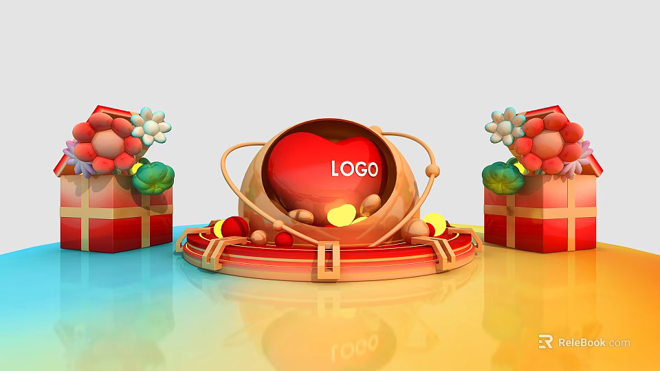 Creative LOGO Display With Red Sphere Gift Boxes And Balloons On Decorative Base 3d model 