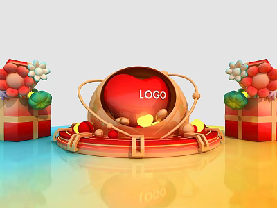 Creative LOGO Display With Red Sphere Gift Boxes And Balloons On Decorative Base 3d model