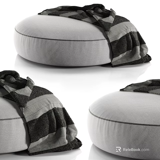 Modern Round Light Gray Ottoman With Black And White Striped Blanket Draped On Top 3d model 