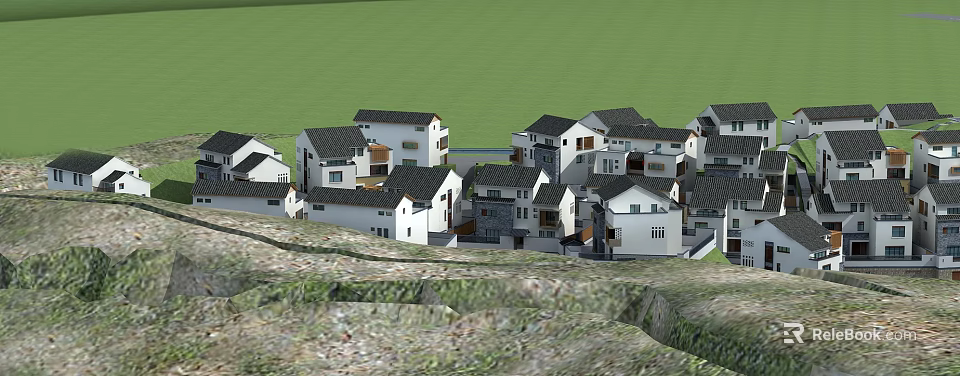 Traditional Hinged Doors On Rural Houses With White Exterior And Black Roofs 3d model 