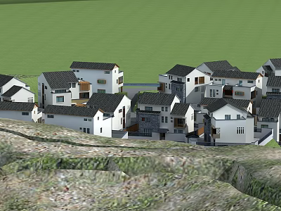 Traditional Hinged Doors On Rural Houses With White Exterior And Black Roofs 3d model