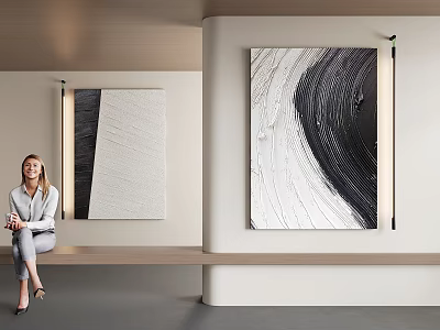 Black And White Textured Abstract Paintings In Modern Interior With Person 3d model