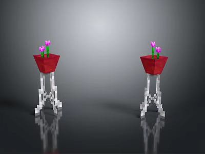 Potted Pink Flowers In Red Pots On White Metal Stands With Gray Background And Reflective Floor 3d model