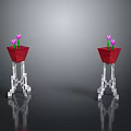 Potted Pink Flowers In Red Pots On White Metal Stands With Gray Background And Reflective Floor