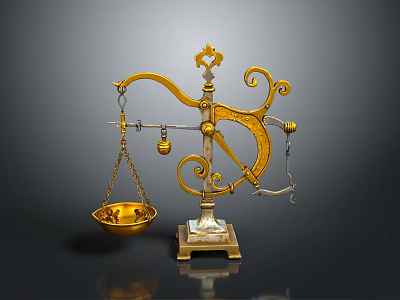 Antique Golden Balance Scale With Ornate Scrollwork Decorative Top Square Base And Golden Bowl 3d model