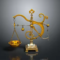 Antique Golden Balance Scale With Ornate Scrollwork Decorative Top Square Base And Golden Bowl