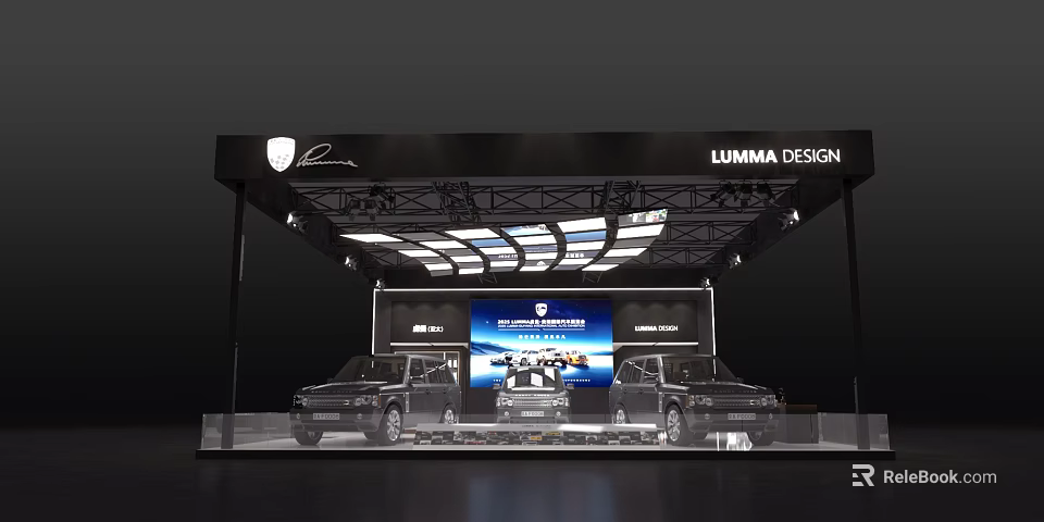 LUMMA DESIGN Auto Showroom Exhibition Stand With Three Displayed Cars LED Screen And Modern Lighting 3d model 
