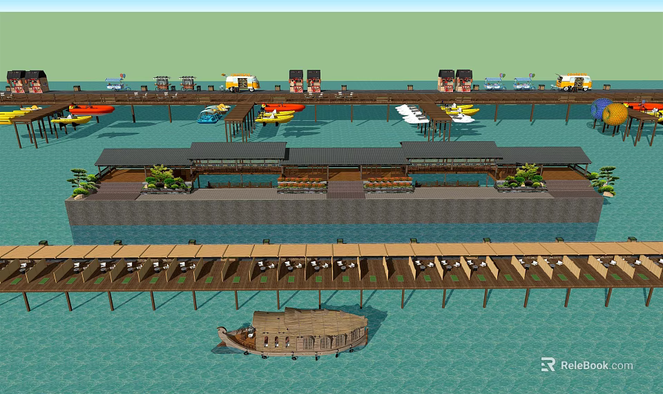 Waterfront Scene With Wooden Piers Moored Boats And Traditional Buildings 3d model 