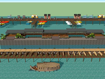 Waterfront Scene With Wooden Piers Moored Boats And Traditional Buildings 3d model