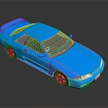 Glossy Blue Two Door Sports Car With Rear Spoiler And Reflective Surface