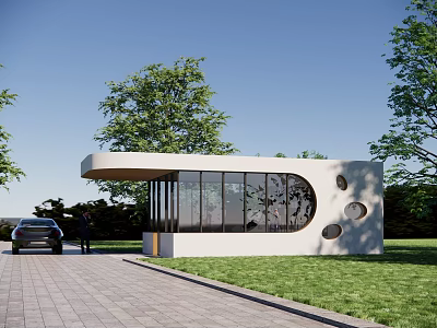 Modern White Entrance Gate With Glass Windows Circular Cutouts And Landscaped Driveway 3d model