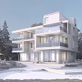 Modern Detached Villa With Large Glass Windows Balconies Lush Greenery And Pond In Surroundings