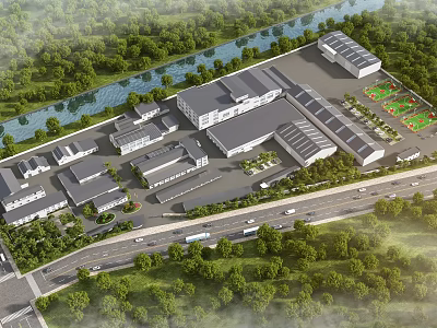 Aerial Planning Of Industrial Commercial Park With River Greenery Roads Buildings And Parking Areas 3d model