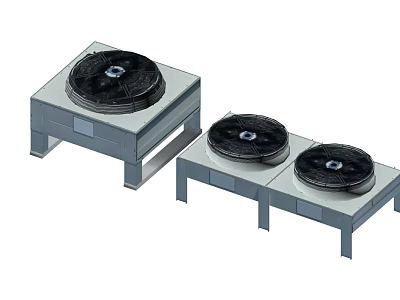Two Air Conditioner Fan Units With Black Blades Gray Square Base Legs 3d model