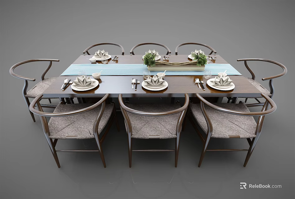 Modern Dining Table Set With Eight Wooden Chairs Fabric Seats And Tableware Green Flower Decor 3d model 