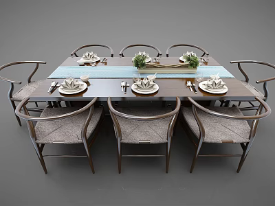 Modern Dining Table Set With Eight Wooden Chairs Fabric Seats And Tableware Green Flower Decor 3d model