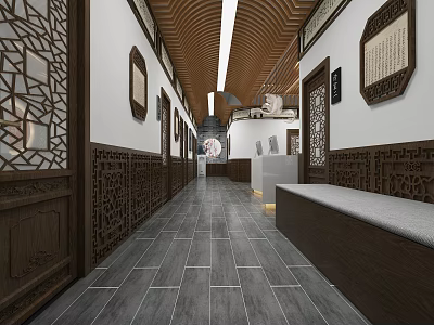 Traditional Chinese Corridor Interior With Wooden Carvings Gray Stone Floor And Circular Decorations 3d model