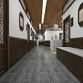 Traditional Chinese Corridor Interior With Wooden Carvings Gray Stone Floor And Circular Decorations