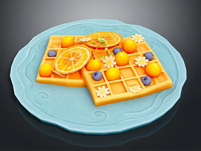 Delicious Waffles on Blue Plate with Orange Slices Blueberries and Yellow Fruits and Flower Decorations 3d model