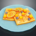 Delicious Waffles on Blue Plate with Orange Slices Blueberries and Yellow Fruits and Flower Decorations