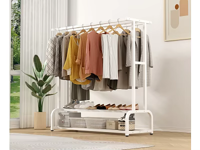 White Clothing Display Rack With Hanging Colorful Clothes Shoes And Storage Boxes In Indoor Space 3d model