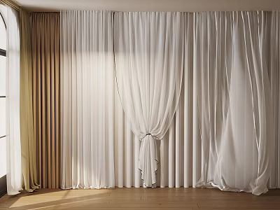 Beige and White Layered Curtains Flowy Fabric with Natural Light and Wooden Floor Indoor 3d model