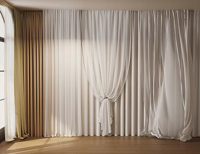 Beige and White Layered Curtains Flowy Fabric with Natural Light and Wooden Floor Indoor 3d model