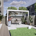 White Outdoor Pergola With Green Plants Outdoor Seating And Relaxation Area Next To House Lawn