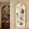 Stylish Foyer Hallway With Arched Floral Mural Illuminated Design And Wooden Cabinet