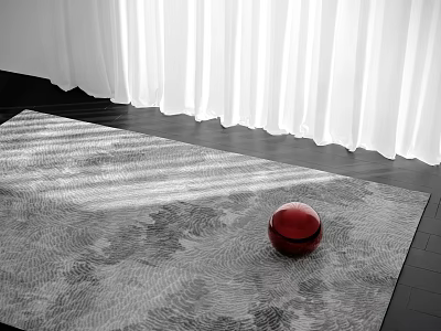 Square Area Rug In Gray Pattern With Red Ball And White Curtains In Bright Light 3d model