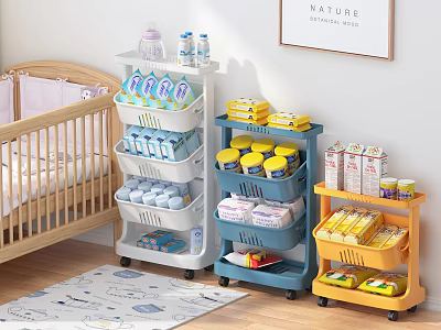 Multi Colored Wheeled Storage Racks Organizing Baby Supplies in Nursery Room 3d model